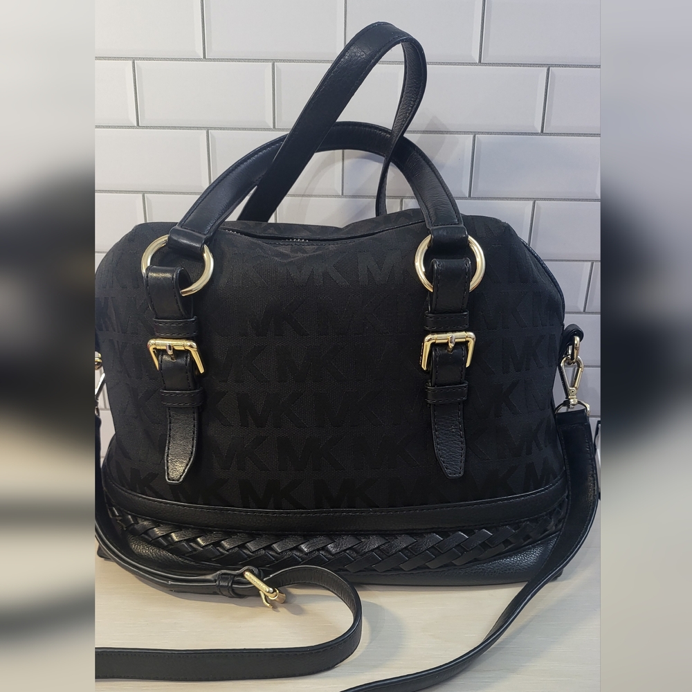 Michael Kors Black Monogrammed Canvas Gladstone Satchel with Gold Hardware